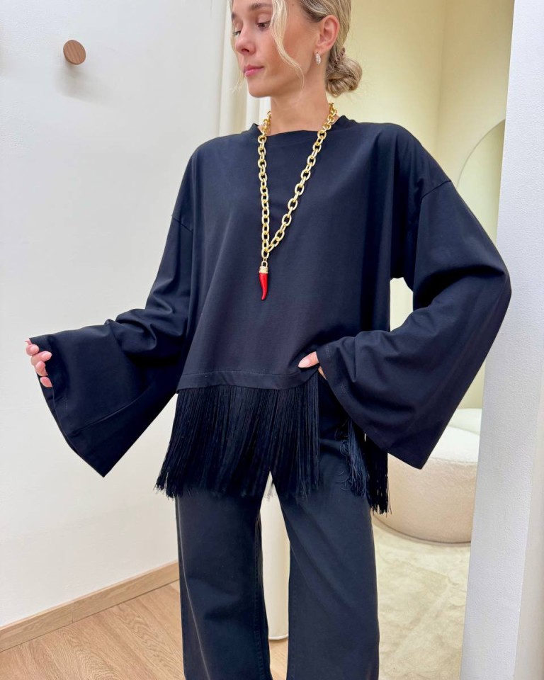 Maglia maniche ampie con frange nera HaveOne Shop Online Maglia maniche ampie con frange nera HaveOne