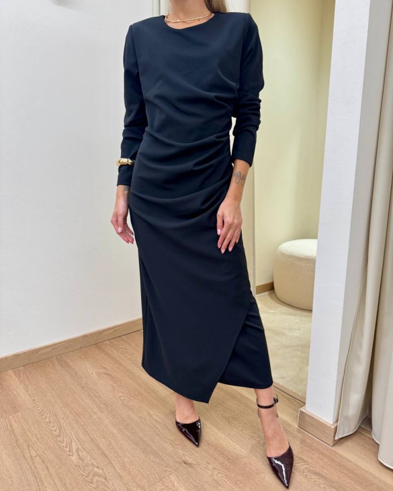 Vestito lungo con drappeggio nero Tensione In Shop Online Vestito lungo con drappeggio nero Tensione In