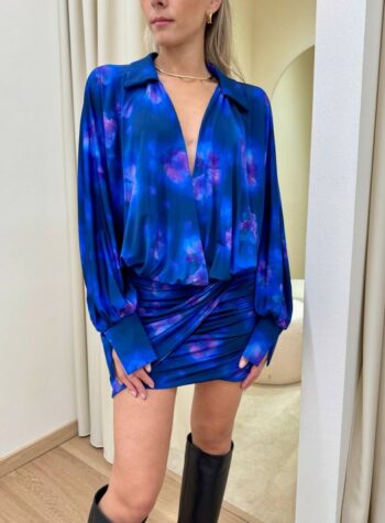 Shop Online Vestito corto FIORE acquarello blu con scollo Tensione In
