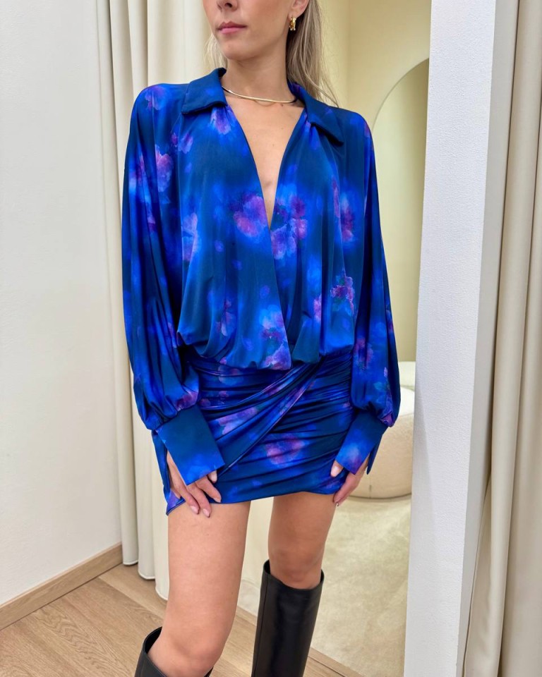 Vestito corto FIORE acquarello blu con scollo Tensione In Shop Online Vestito corto FIORE acquarello blu con scollo Tensione In