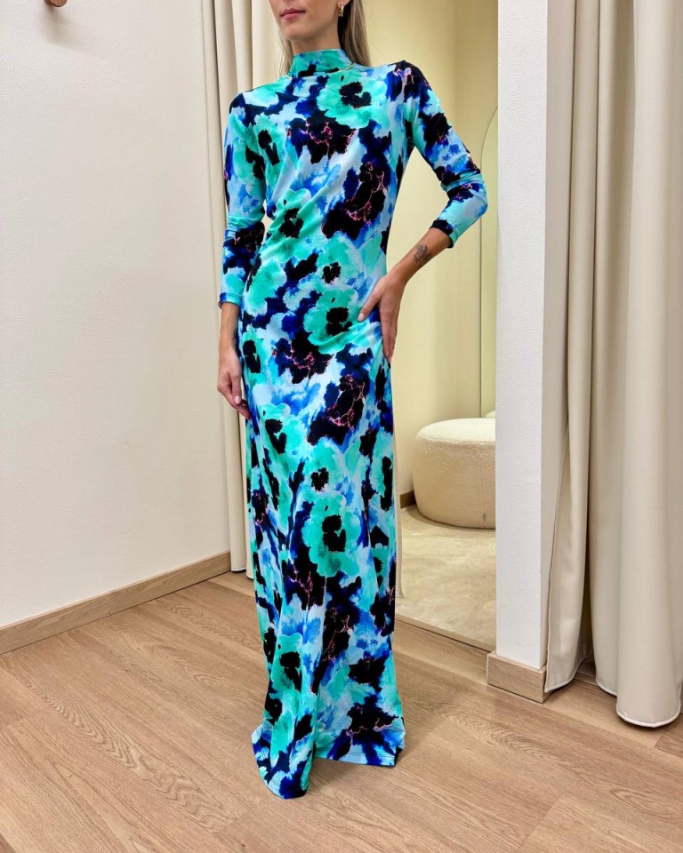 Vestito lungo PEONIE acquarello turchese Tensione IN Shop Online Vestito lungo PEONIE acquarello turchese Tensione IN