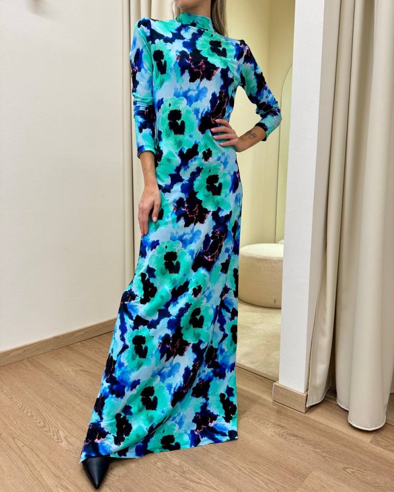 Vestito lungo PEONIE acquarello turchese Tensione IN Shop Online Vestito lungo PEONIE acquarello turchese Tensione IN