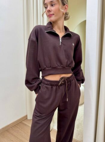 Shop Online Felpa SMX crop collo alto e zip cacao Susy Mix