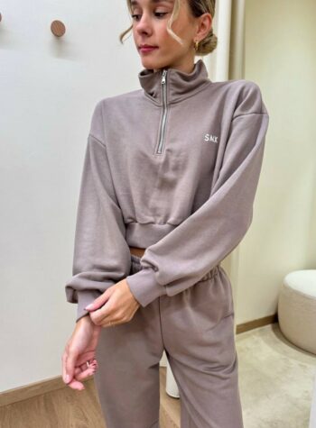 Shop Online Felpa SMX crop collo alto e zip tortora Susy Mix