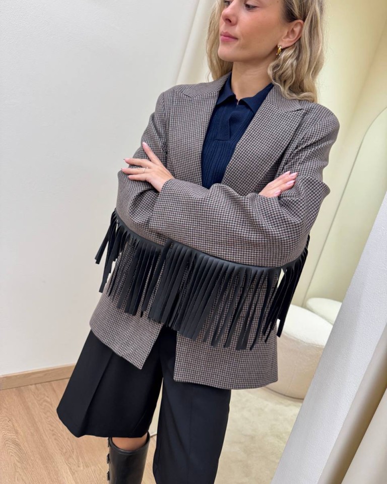 Giacca over quadretti e frange moro e blu Vicolo Shop Online Giacca over quadretti e frange moro e blu Vicolo
