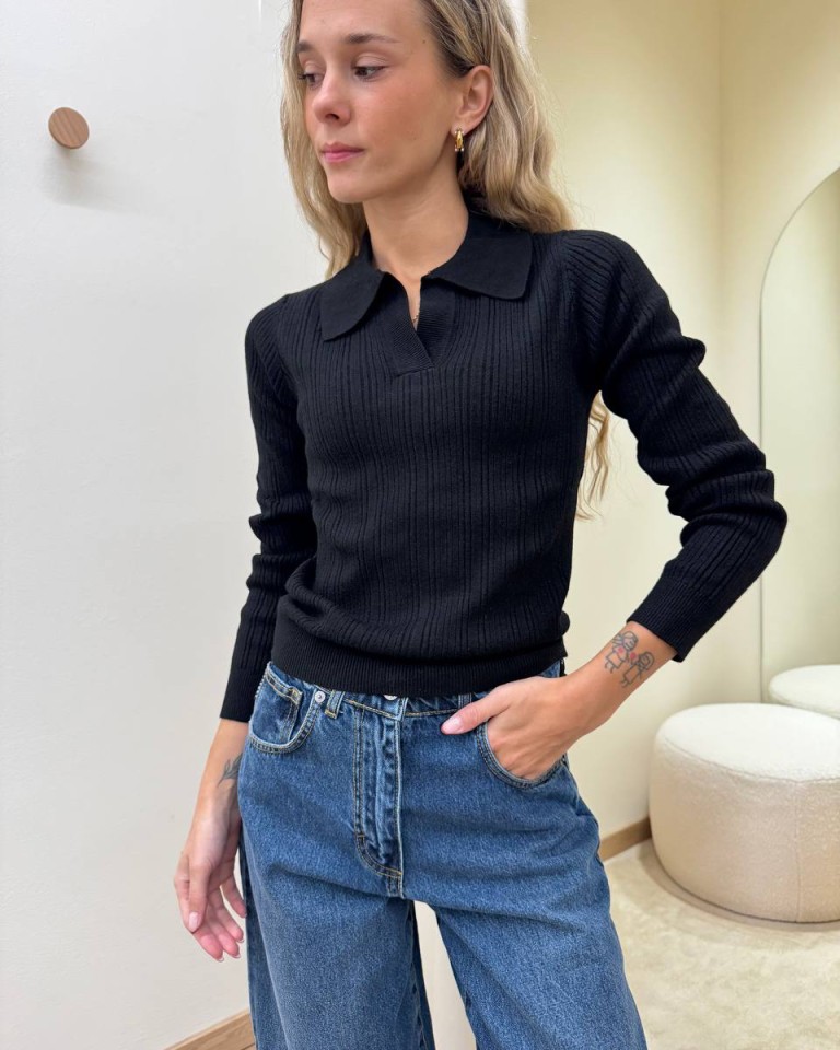 Maglia polo a costine nera HaveOne Shop Online Maglia polo a costine nera HaveOne