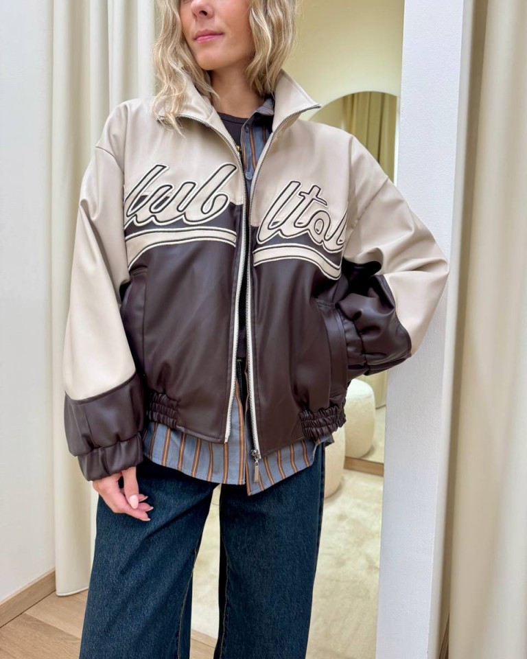Bomber ecopelle scritta "club Italy" beige e moro HaveOne Shop Online Bomber ecopelle scritta "club Italy" beige e moro HaveOne