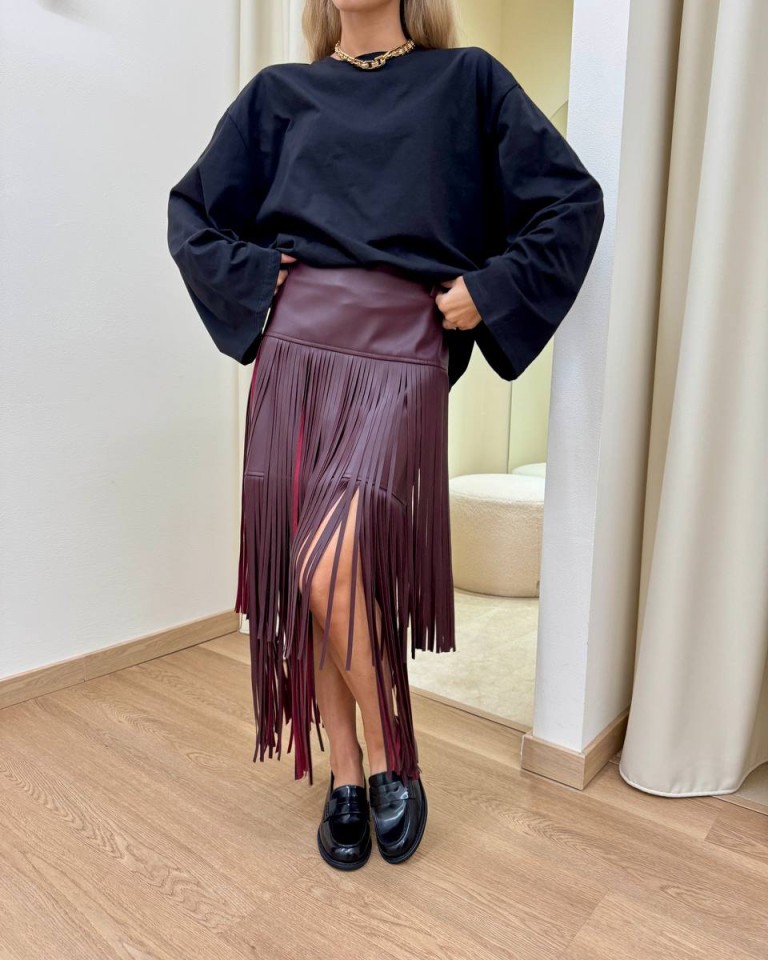 Gonna ecopelle con frange bordeaux Tensione In Shop Online Gonna ecopelle con frange bordeaux Tensione In