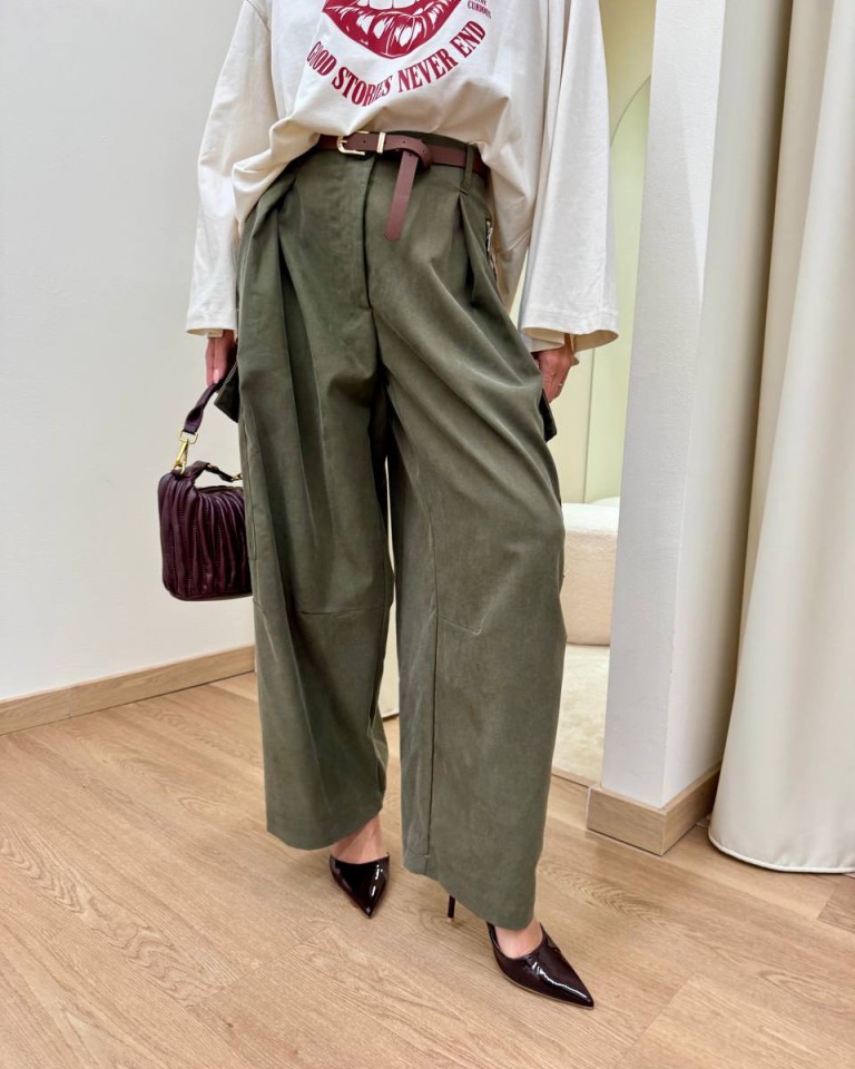Pantalone cargo balloon con cintura verde militare Vicolo Shop Online Pantalone cargo balloon con cintura verde militare Vicolo