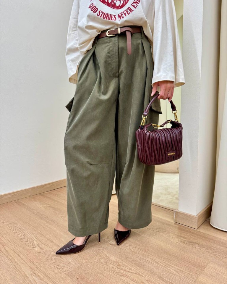 Pantalone cargo balloon con cintura verde militare Vicolo Shop Online Pantalone cargo balloon con cintura verde militare Vicolo