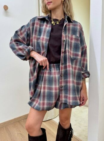 Shop Online Camicia over check bordeaux e grigio Tensione In