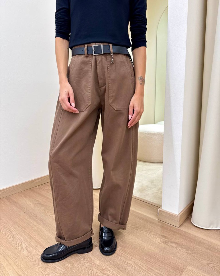 Pantalone cotone barrel tabacco con cintura Susy Mix Shop Online Pantalone cotone barrel tabacco con cintura Susy Mix