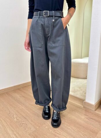 Shop Online Pantalone cotone barrel grigio piombo con cintura Susy Mix