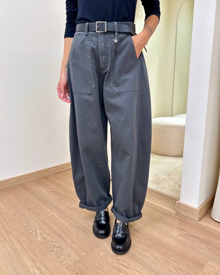 Pantalone cotone barrel grigio piombo con cintura Susy Mix Shop Online Pantalone cotone barrel grigio piombo con cintura Susy Mix