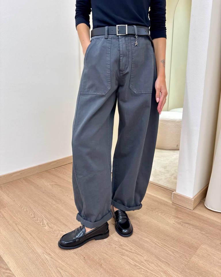 Pantalone cotone barrel grigio piombo con cintura Susy Mix Shop Online Pantalone cotone barrel grigio piombo con cintura Susy Mix