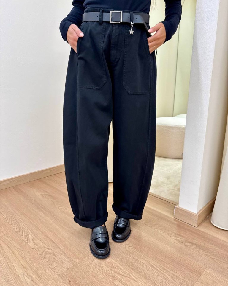 Pantalone cotone barrel nero con cintura Susy Mix Shop Online Pantalone cotone barrel nero con cintura Susy Mix