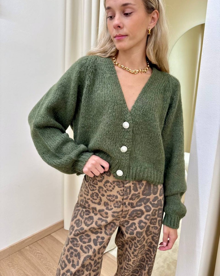 Cardigan con lana bottoni gioiello verde militare HaveOne Shop Online Cardigan con lana bottoni gioiello verde militare HaveOne