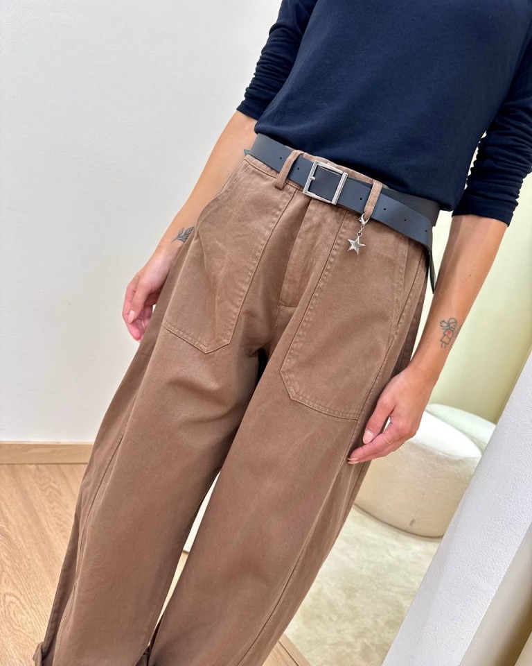 Pantalone cotone barrel tabacco con cintura Susy Mix Shop Online Pantalone cotone barrel tabacco con cintura Susy Mix