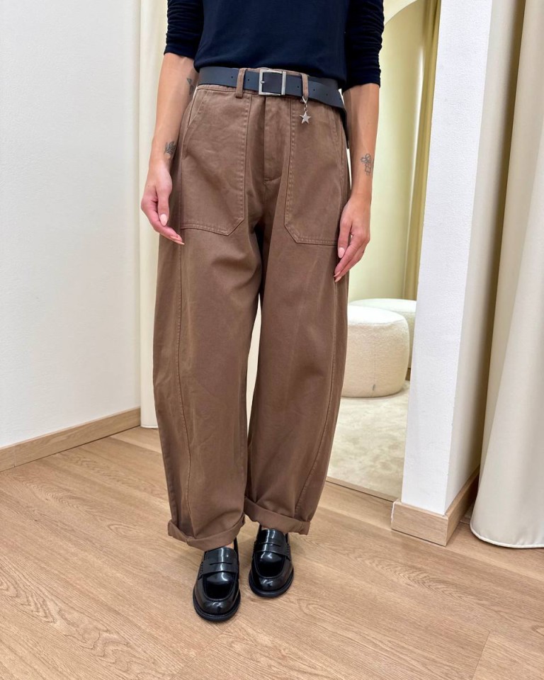 Pantalone cotone barrel tabacco con cintura Susy Mix Shop Online Pantalone cotone barrel tabacco con cintura Susy Mix
