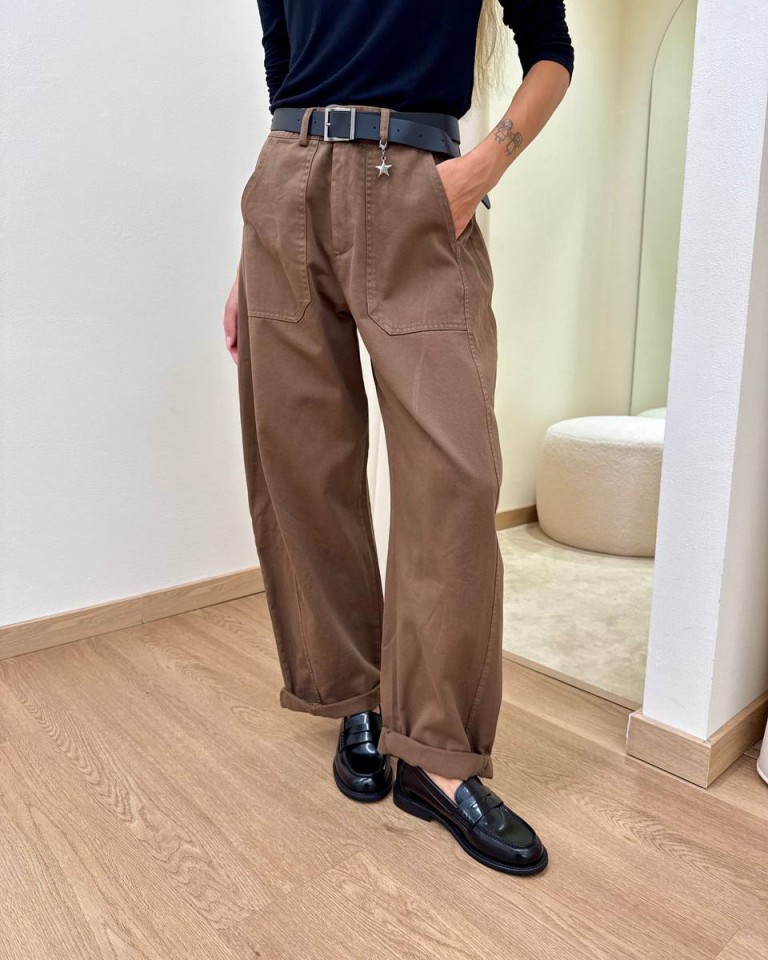 Pantalone cotone barrel tabacco con cintura Susy Mix Shop Online Pantalone cotone barrel tabacco con cintura Susy Mix