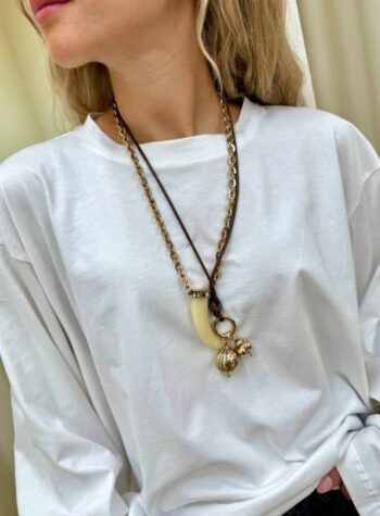 Shop Online Collana doppia corda e catena con corno oro
