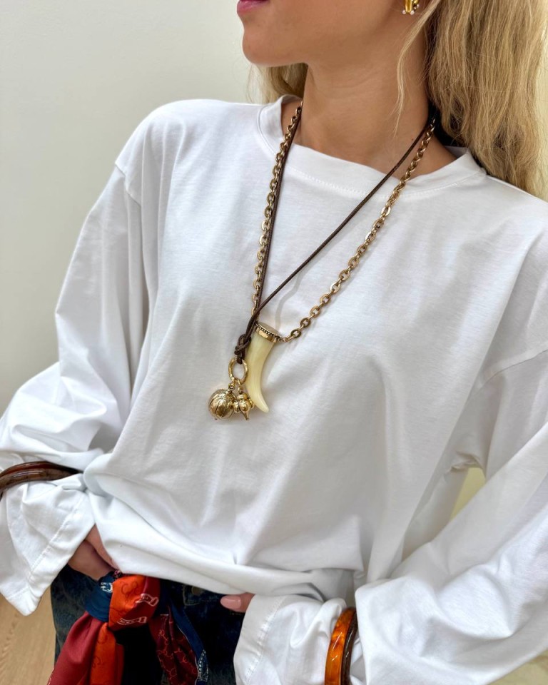Collana doppia corda e catena con corno oro Shop Online Collana doppia corda e catena con corno oro