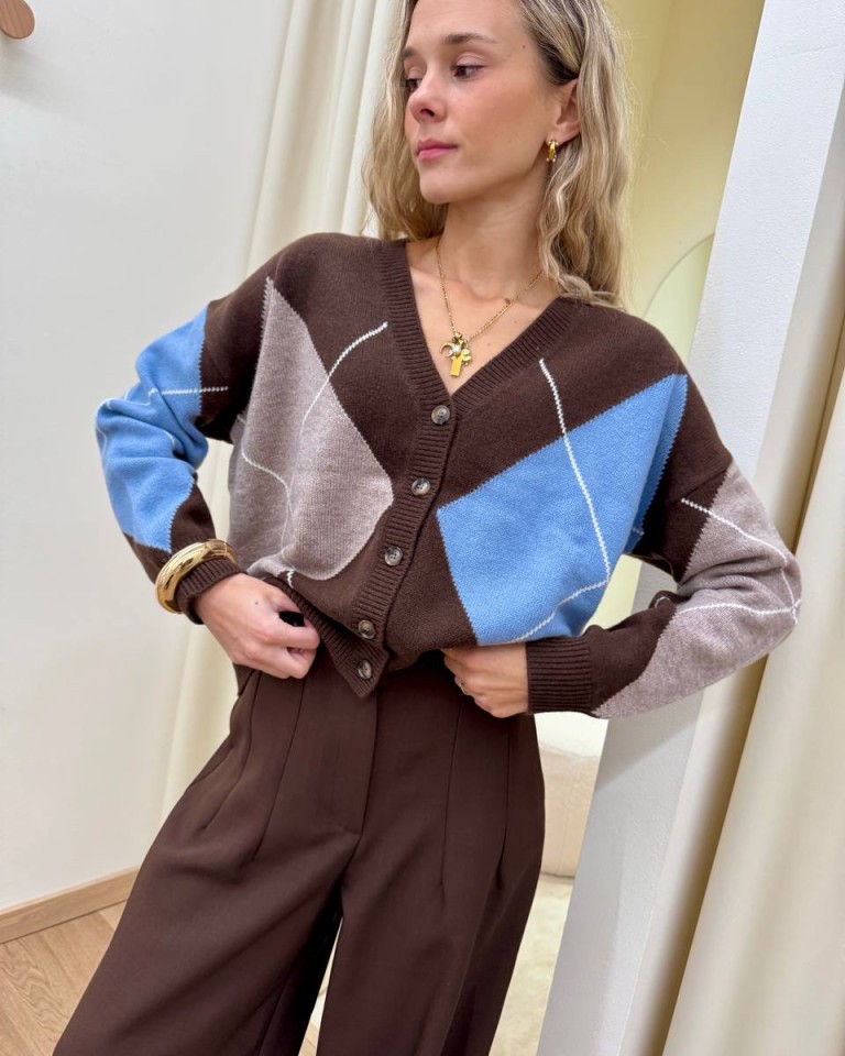 Cardigan over rombi moro beige e celeste Vicolo Shop Online Cardigan over rombi moro beige e celeste Vicolo