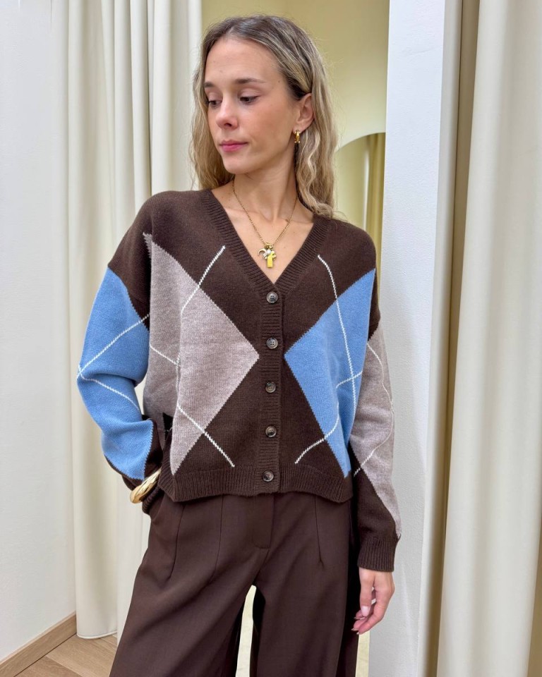 Cardigan over rombi moro beige e celeste Vicolo Shop Online Cardigan over rombi moro beige e celeste Vicolo