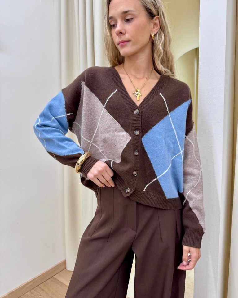 Cardigan over rombi moro beige e celeste Vicolo Shop Online Cardigan over rombi moro beige e celeste Vicolo
