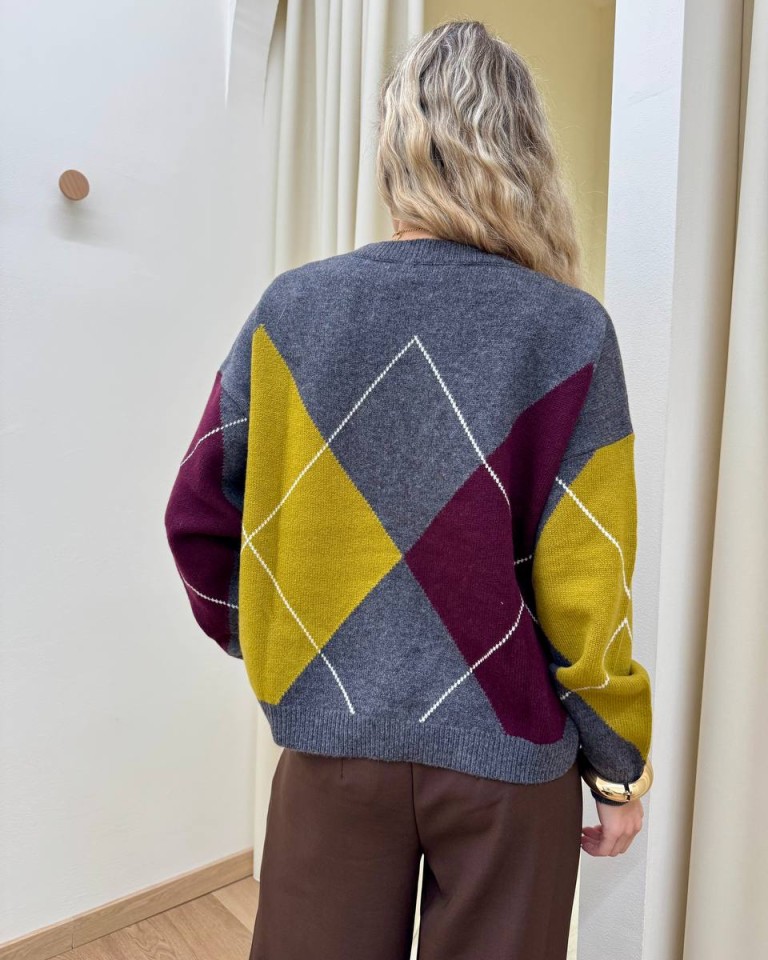 Cardigan over rombi grigio olio e vino Vicolo Shop Online Cardigan over rombi grigio olio e vino Vicolo