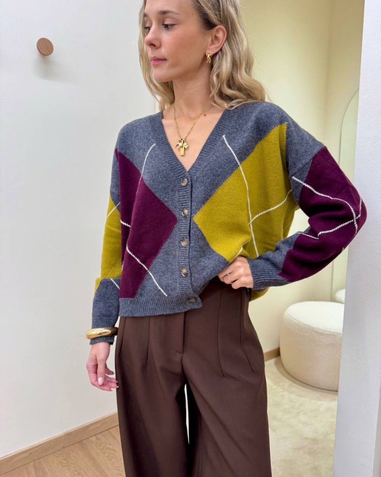 Cardigan over rombi grigio olio e vino Vicolo Shop Online Cardigan over rombi grigio olio e vino Vicolo