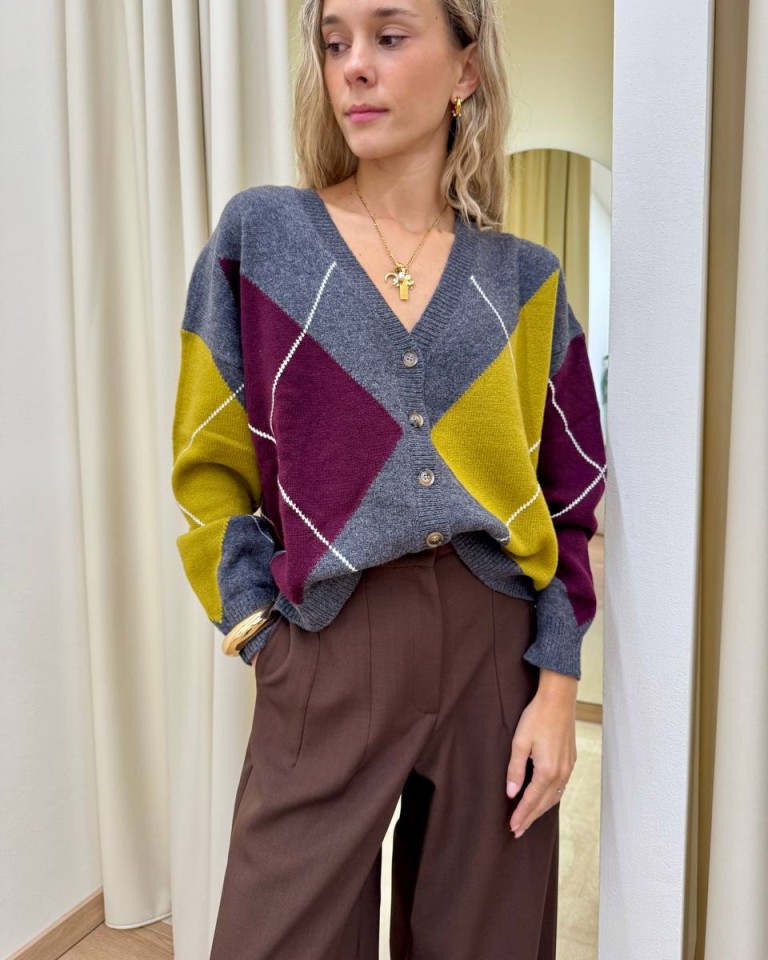 Cardigan over rombi grigio olio e vino Vicolo Shop Online Cardigan over rombi grigio olio e vino Vicolo