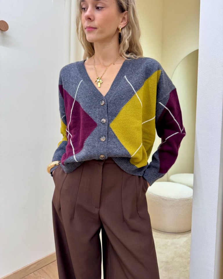 Cardigan over rombi grigio olio e vino Vicolo Shop Online Cardigan over rombi grigio olio e vino Vicolo