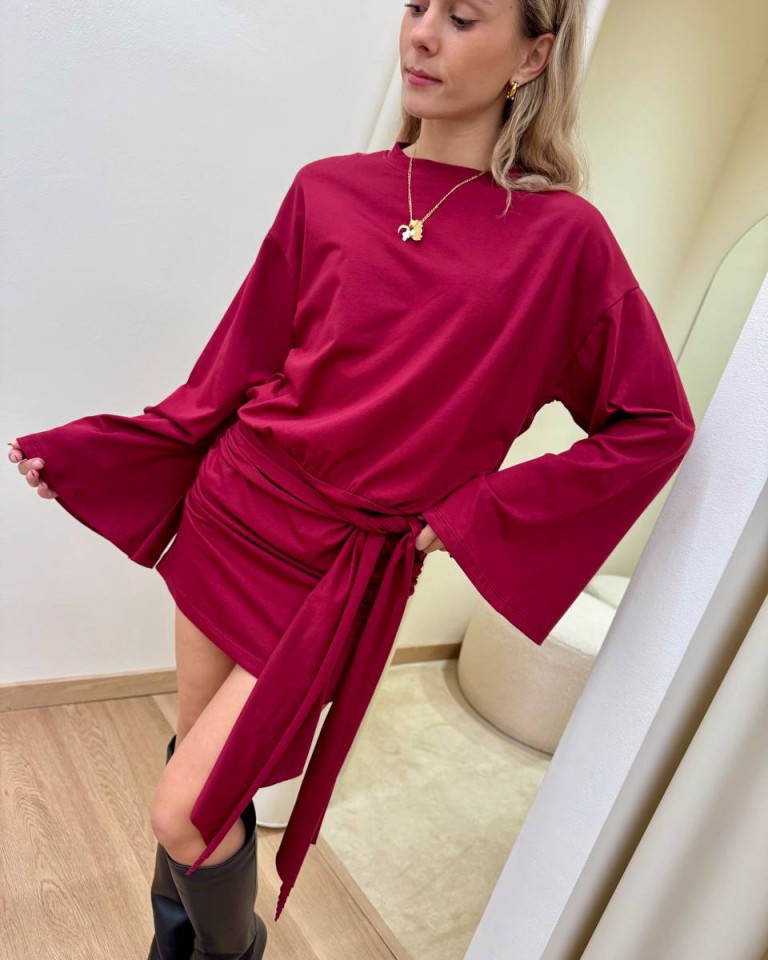 Vestito corto manica svasata e fusciacca bordeaux HaveOne Shop Online Vestito corto manica svasata e fusciacca bordeaux HaveOne