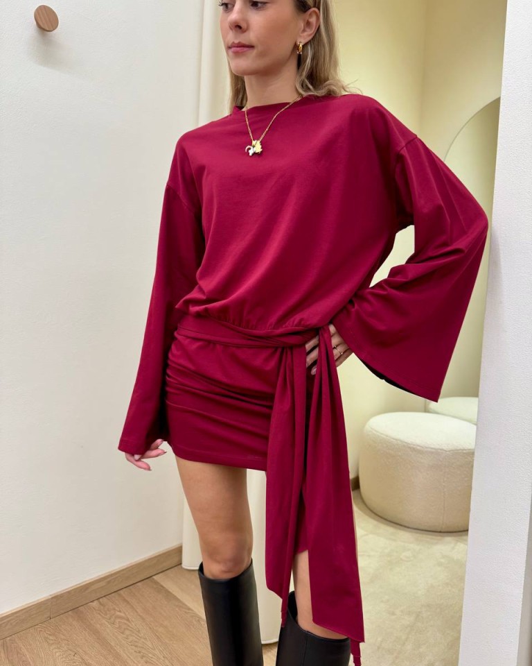 Vestito corto manica svasata e fusciacca bordeaux HaveOne Shop Online Vestito corto manica svasata e fusciacca bordeaux HaveOne