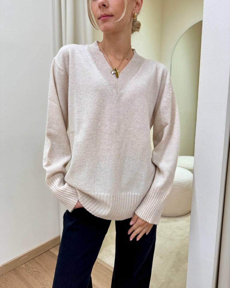 Maglione con lana scollo a V beige HaveOne Shop Online Maglione con lana scollo a V beige HaveOne