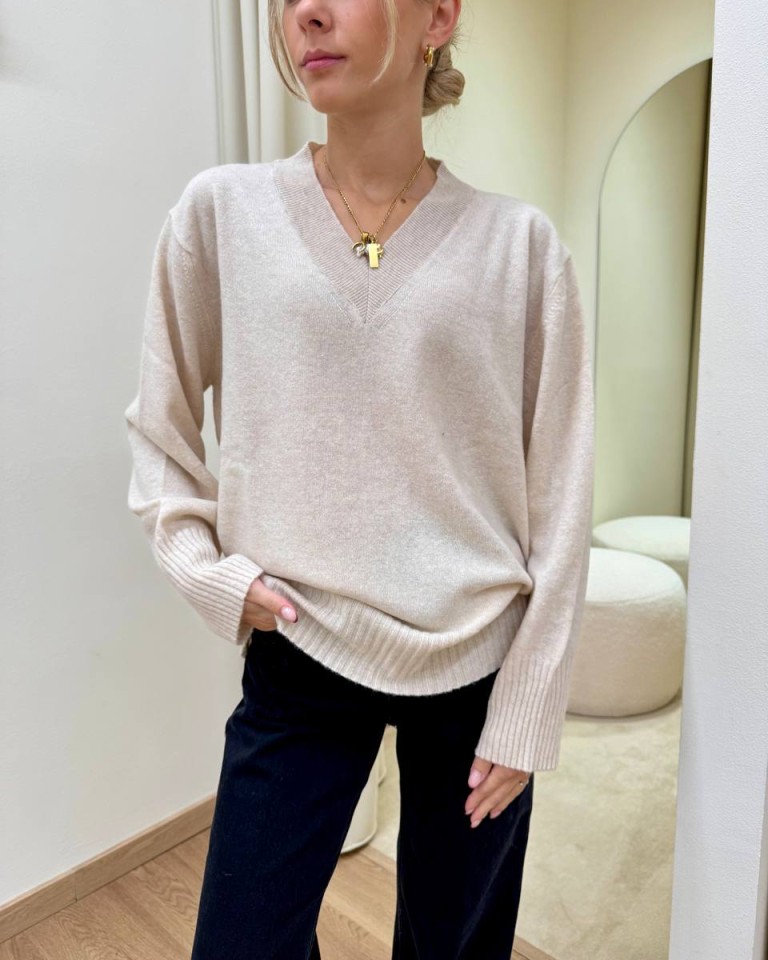 Maglione con lana scollo a V beige HaveOne Shop Online Maglione con lana scollo a V beige HaveOne