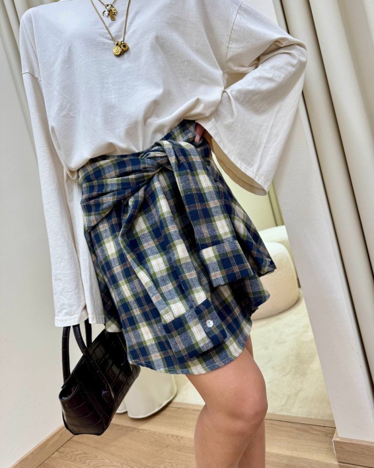 Minigonna con maniche check verde e blu HaveOne Shop Online Minigonna con maniche check verde e blu HaveOne