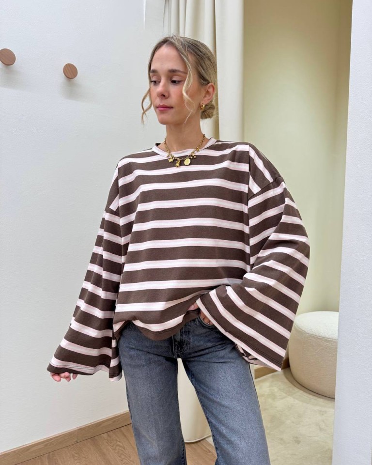 Maglia maniche ampissime righe moro panna e rosa Vicolo Shop Online Maglia maniche ampissime righe moro panna e rosa Vicolo