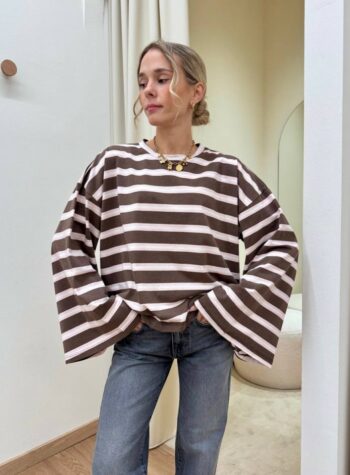 Shop Online Maglia maniche ampissime righe moro panna e rosa Vicolo