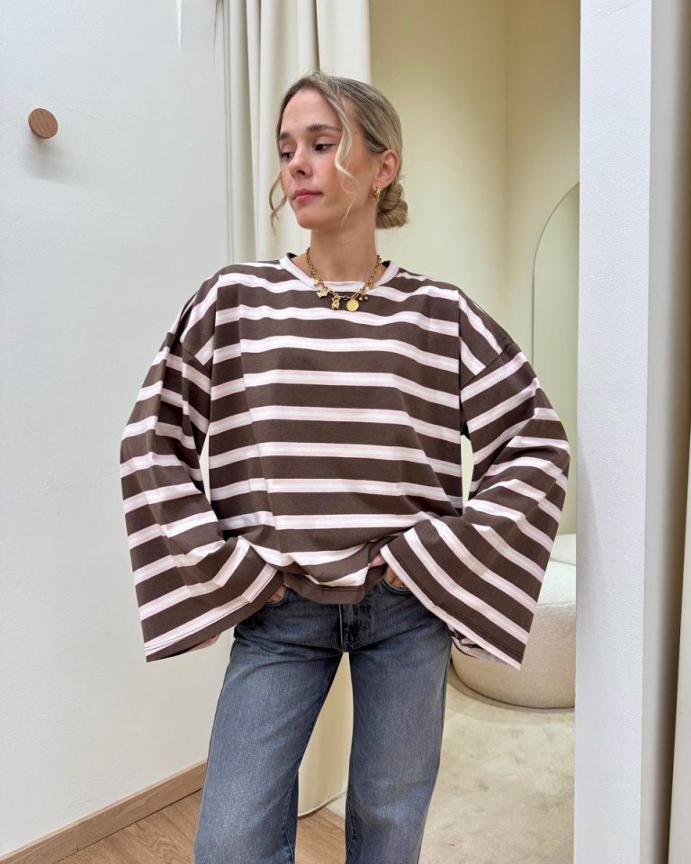 Maglia maniche ampissime righe moro panna e rosa Vicolo Shop Online Maglia maniche ampissime righe moro panna e rosa Vicolo