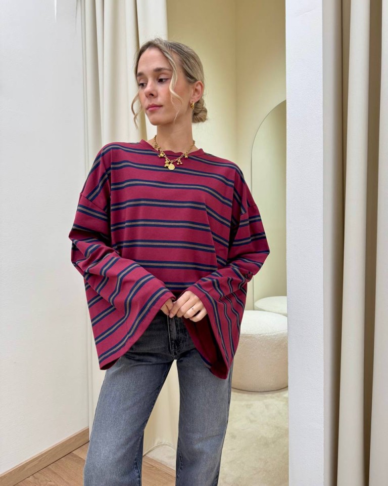 Maglia maniche ampissime righe bordeaux blu e moro Vicolo Shop Online Maglia maniche ampissime righe bordeaux blu e moro Vicolo