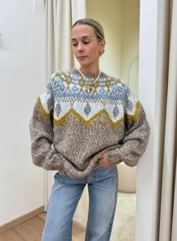 Shop Online Maglione fantasia norvegese beige olio celeste Kontatto