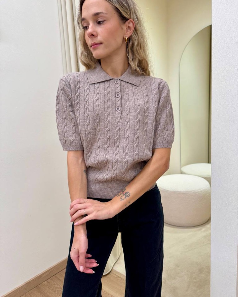 Maglia trecce manica corta polo beige mélange Vicolo Shop Online Maglia trecce manica corta polo beige mélange Vicolo