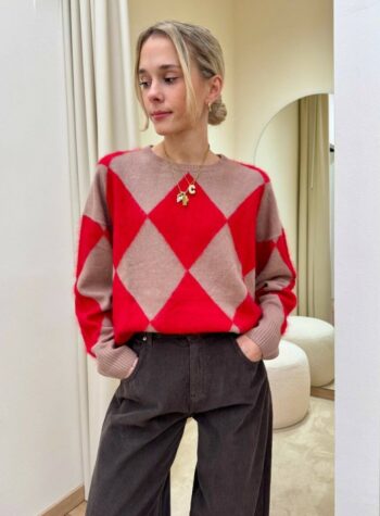 Shop Online Maglione over rombi cammello e rosso Souvenir
