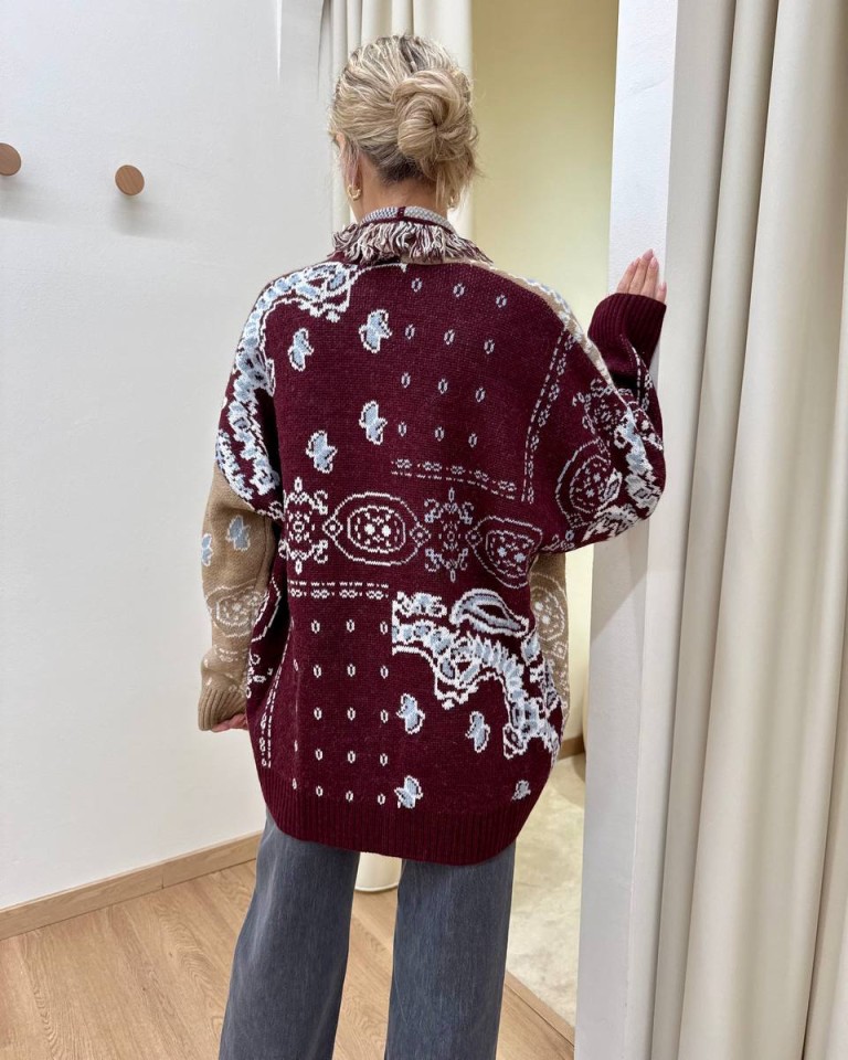 Cardigan MAYA bandana marsala e beige Kontatto Shop Online Cardigan MAYA bandana marsala e beige Kontatto