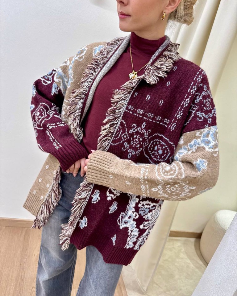 Cardigan MAYA bandana marsala e beige Kontatto Shop Online Cardigan MAYA bandana marsala e beige Kontatto