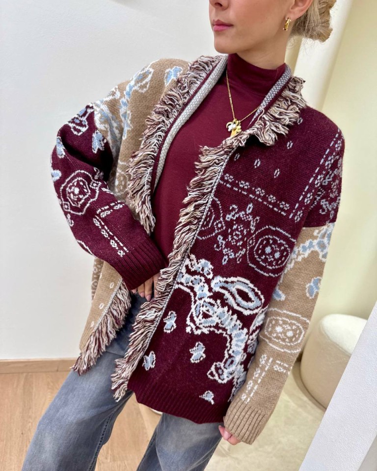 Cardigan MAYA bandana marsala e beige Kontatto Shop Online Cardigan MAYA bandana marsala e beige Kontatto