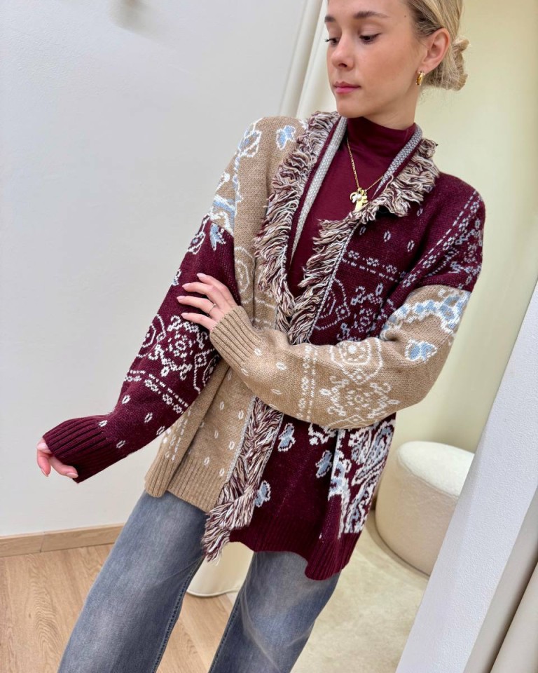 Cardigan MAYA bandana marsala e beige Kontatto Shop Online Cardigan MAYA bandana marsala e beige Kontatto