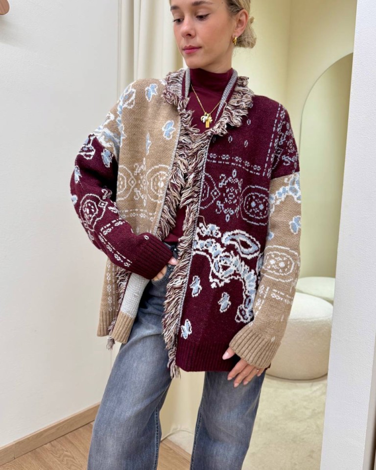 Cardigan MAYA bandana marsala e beige Kontatto Shop Online Cardigan MAYA bandana marsala e beige Kontatto